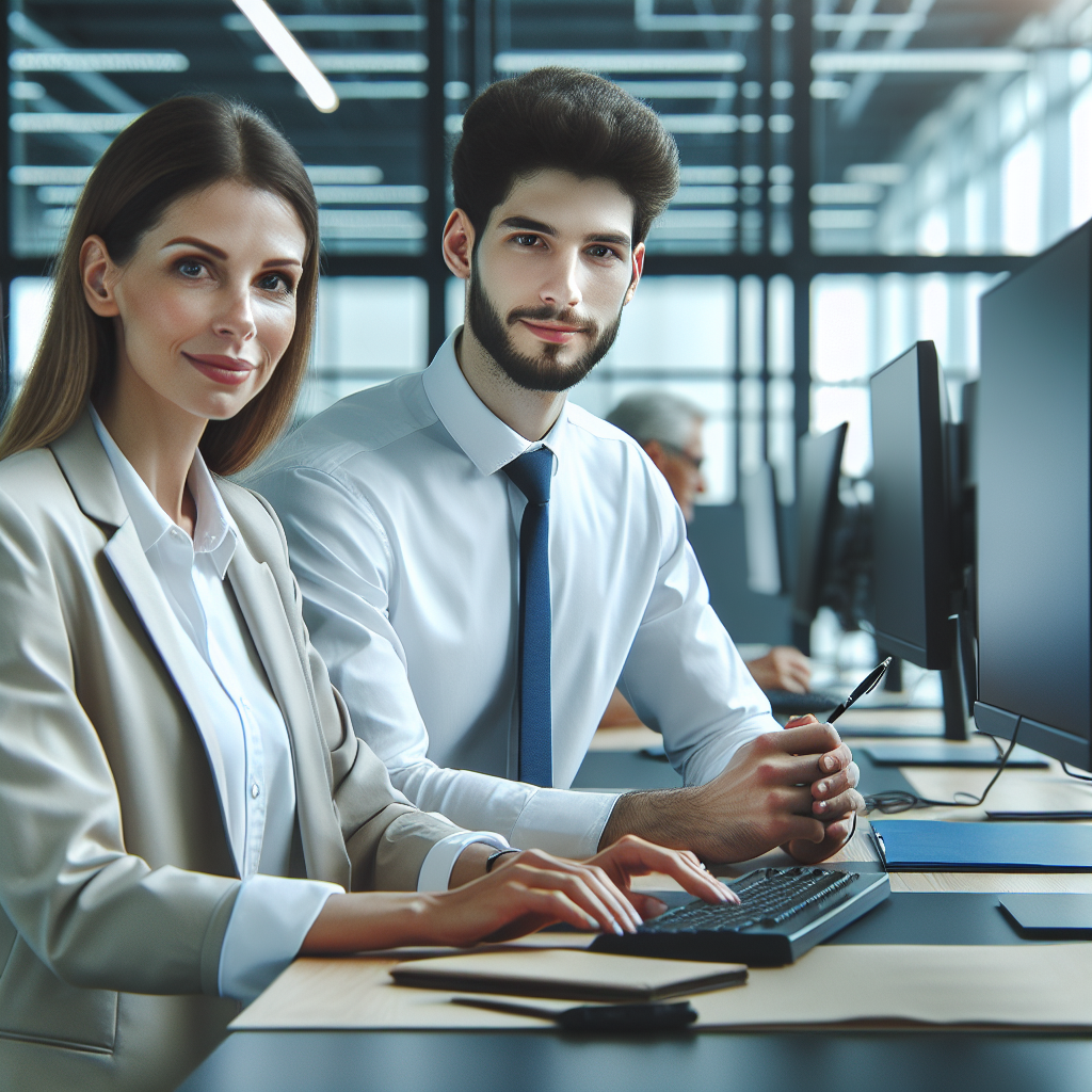 Изображение команды IT-специалистов, работающих в современном офисе, с дружеской атмосферой и высокими технологиями. Все люди выглядят европейского типа, демонстрируя взаимодействие и профессионализм.