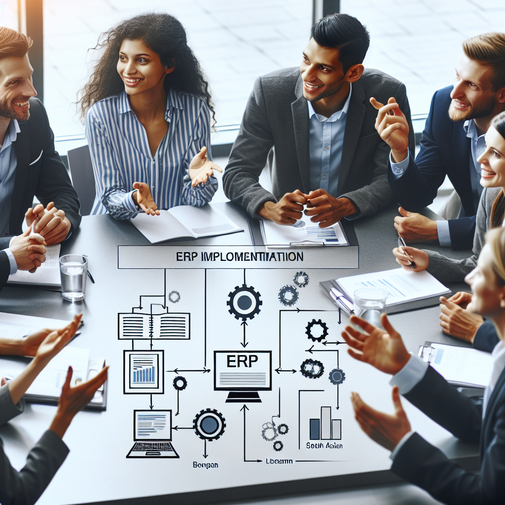 Imagine cu un grup de profesionisti care discuta despre implementarea sistemelor ERP, atmosfera este prietenoasa si dinamica, toti oamenii din imagine sunt de tip european.