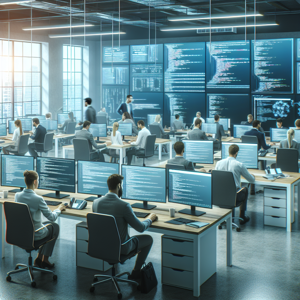 Офис IT-компании с европейскими специалистами, работающими над проектом, на заднем плане видны экраны компьютеров с кодом и дизайном сайтов. Изображение выглядит как настоящая фотография.
