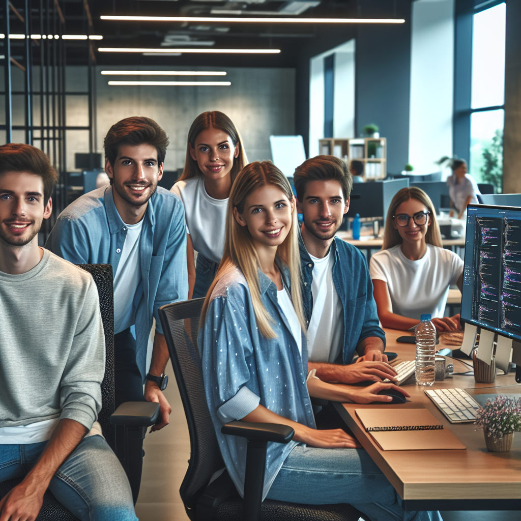Офисное пространство, где команда IT-специалистов работает над проектом по разработке сайта, все участники имеют европейскую внешность, создавая дружелюбную атмосферу.