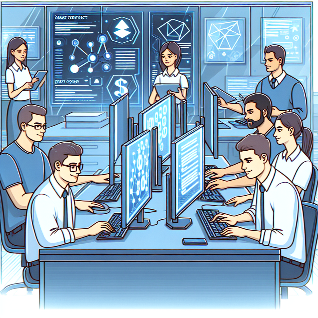 Команда IT-специалистов с европейскими чертами лица работает над разработкой смарт-контрактов на компьютерах в современном офисе с современным оборудованием.