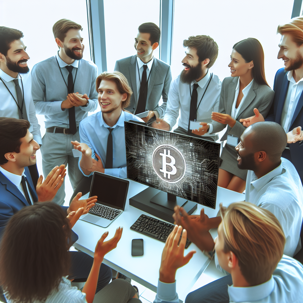 Generati o imagine cu un birou modern de IT, cu angajati care discuta despre dezvoltarea unui bot pentru achizitionarea de <a href=