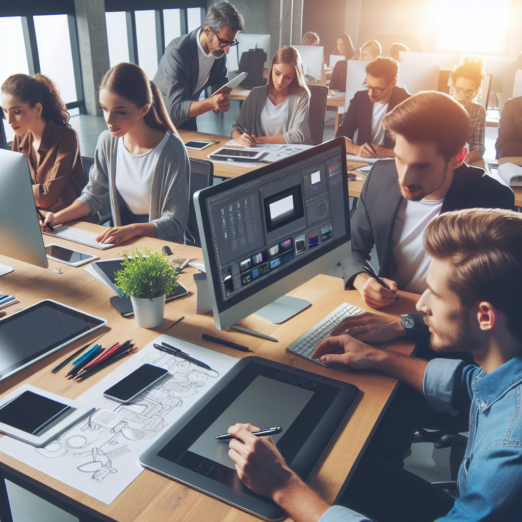 Fotografie a unei echipe de designeri web profesionisti, care lucreaza intr-un birou modern. Pe mese se afla computere si tablete grafice, ei discuta despre proiectul unui site. Toate fețele sunt de tip european, atmosfera este una de <a href=