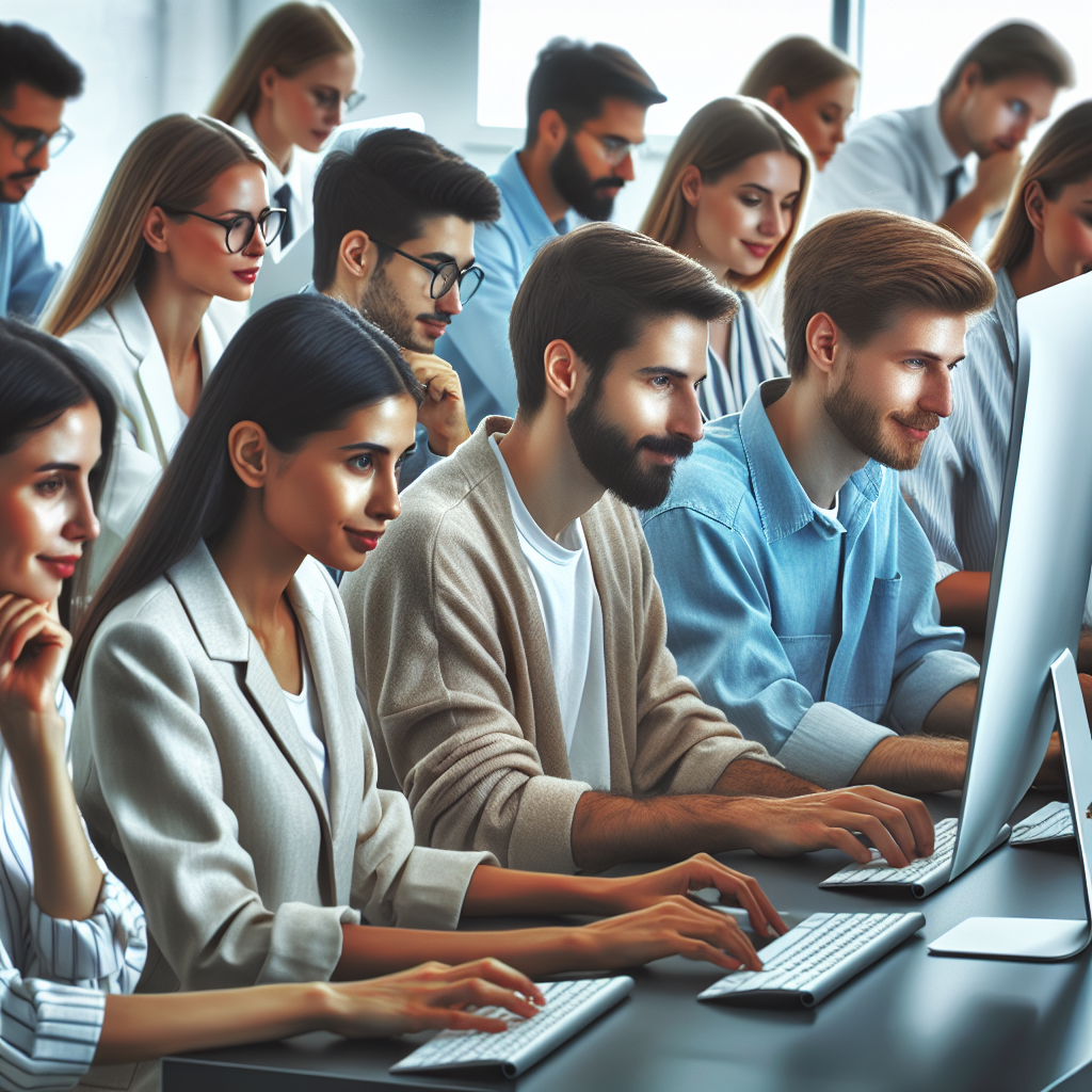 Фото команды IT-специалистов, которые работают над проектом внутренней оптимизации сайта. На изображении есть несколько людей европейского типа, которые сосредоточенно работают за компьютерами в современном офисе.