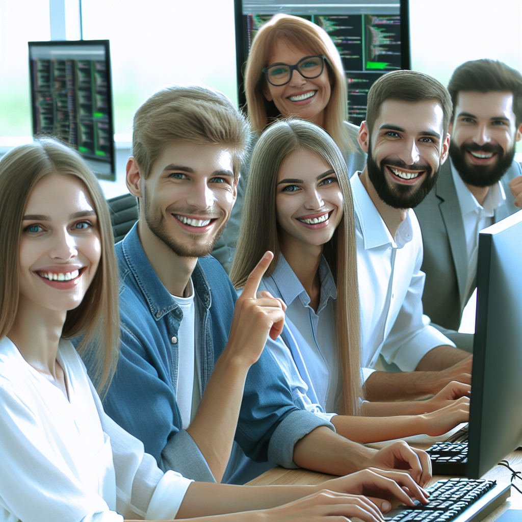 Изображение успешной команды IT-специалистов в офисе, работающих над проектом веб-разработки. Все члены команды европейского типа улыбаются и обсуждают компьютерные проекты.