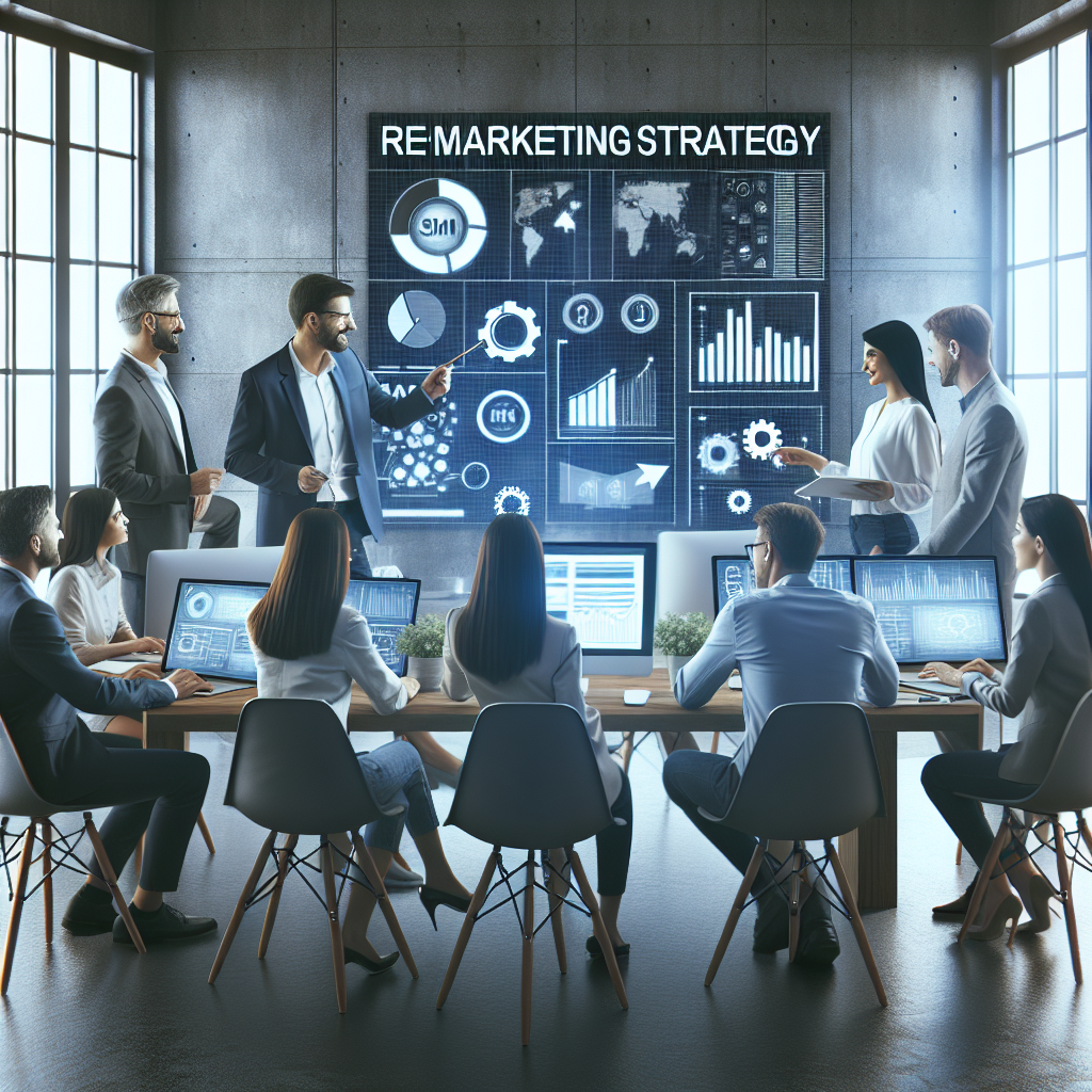 Imaginea unei echipe de profesionisti, discutand strategia de remarketing intr-un birou, cu grafice si date afisate pe ecrane. Toate persoanele au o infatisare europeana, iar atmosfera este prietenoasa si productiva.