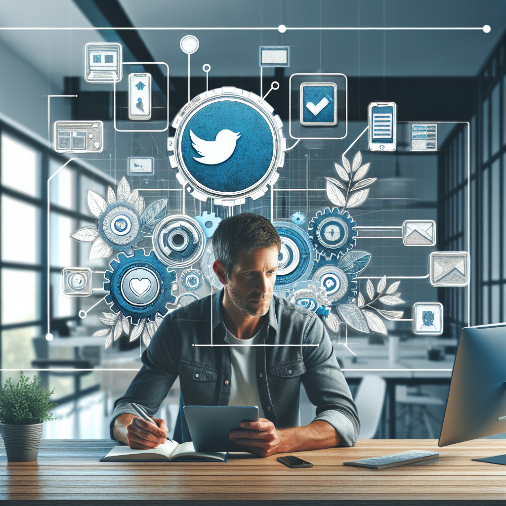 Imagine cu un utilizator care examineaza publicitatea produselor pe Facebook, avand in fundal logoul Facebook si un mediu de birou modern. Persoana din imagine este de tip european.