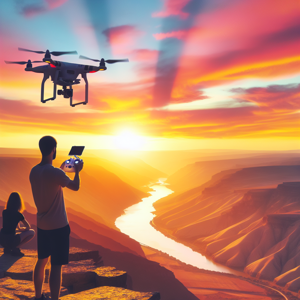 Drone care filmeaza un peisaj frumos in fata unui apus stralucitor, cu europeni care observa procesul de filmare, in stil fotografiei, imposibil de deosebit de o fotografie reala.