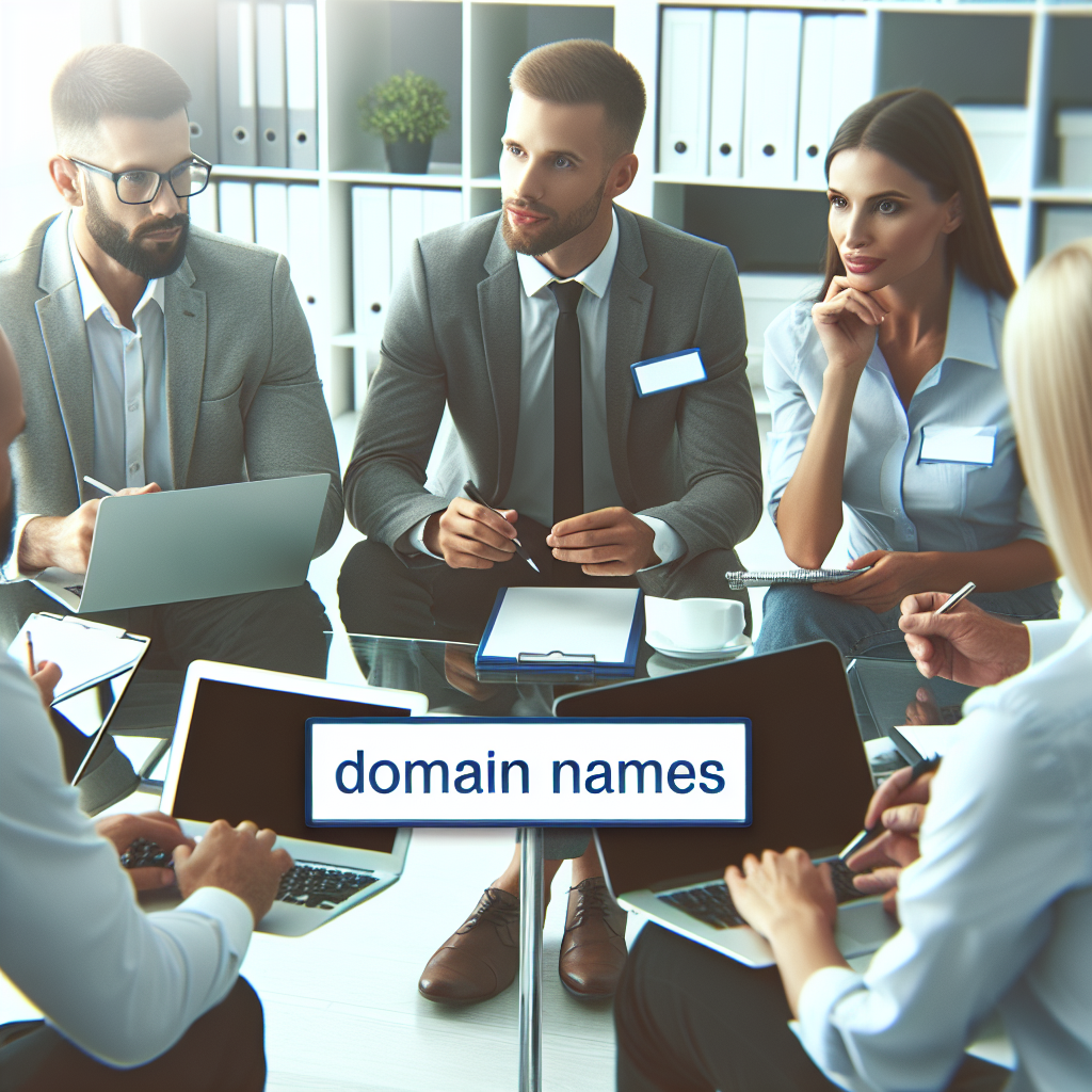 O imagine cu un grup de oameni europeni care selecteaza si discuta nume de domenii in fundalul unui birou de <a href=