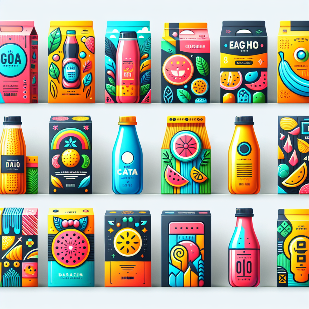 Imagine cu diverse exemple de design unic pentru ambalajul diferitelor produse – mancare, bauturi, cosmetice. Toate exemplele ar trebui sa aiba un <a href=