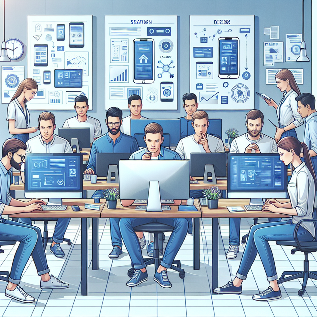 Изображение команды IT-специалистов европейского типа в офисе, активно обсуждающих проектирование мобильного приложения, с компьютерами на рабочих столах и графиками на стенах.
