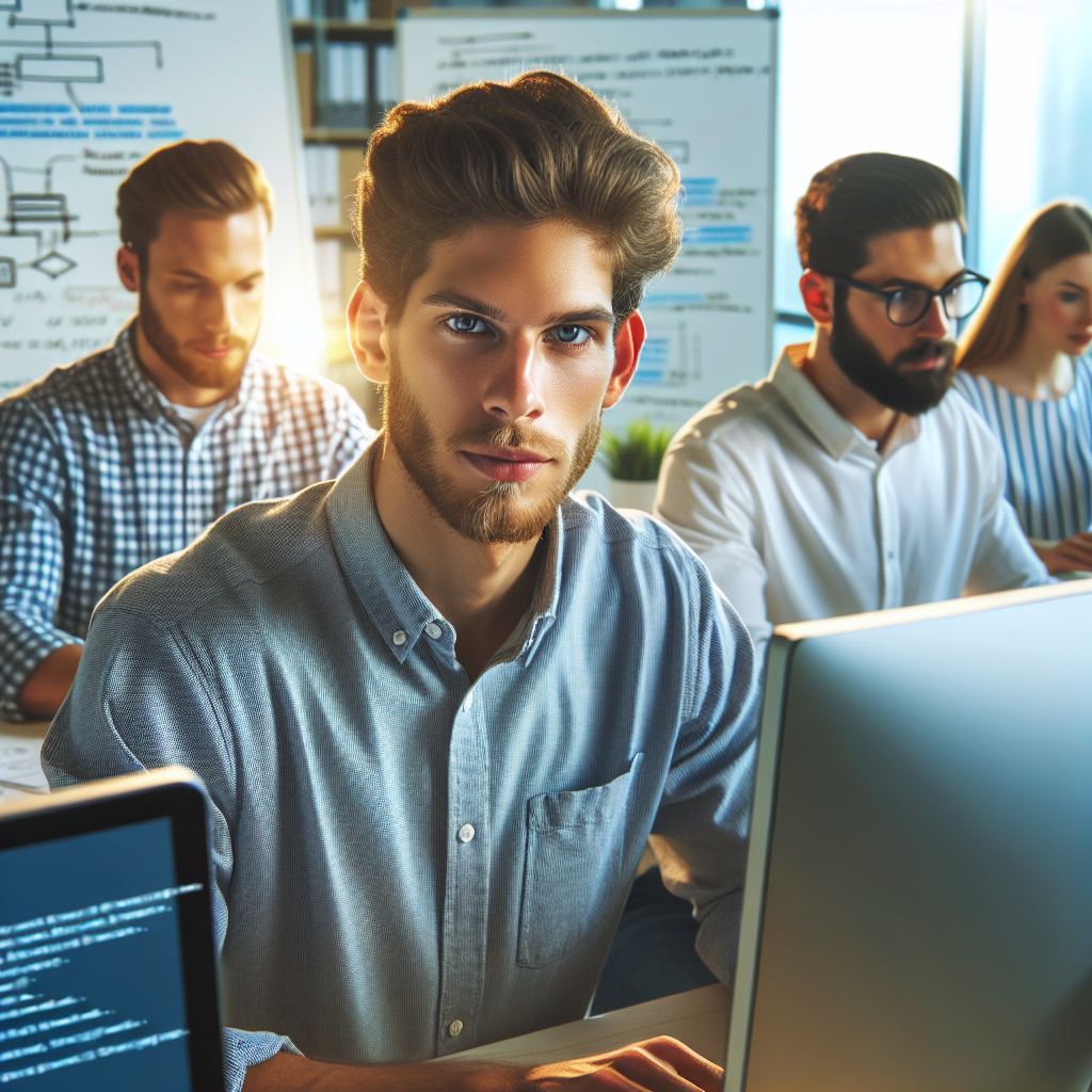 Команда IT-специалистов европейской внешности работает над созданием сайта в офисе, окруженная компьютерами и белыми досками с заметками.