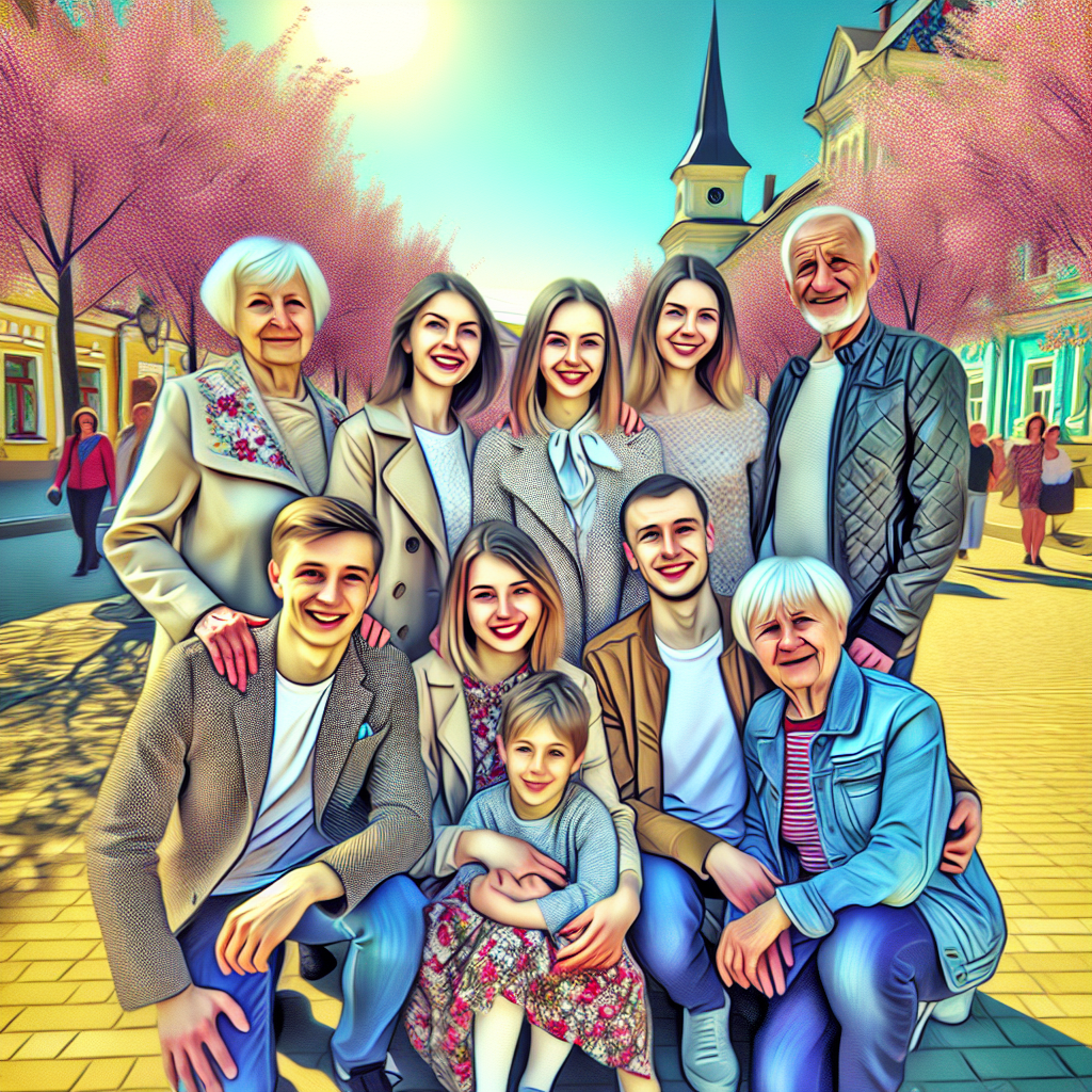 Imagine a unei familii fericite, pozand pe strada in <a href=