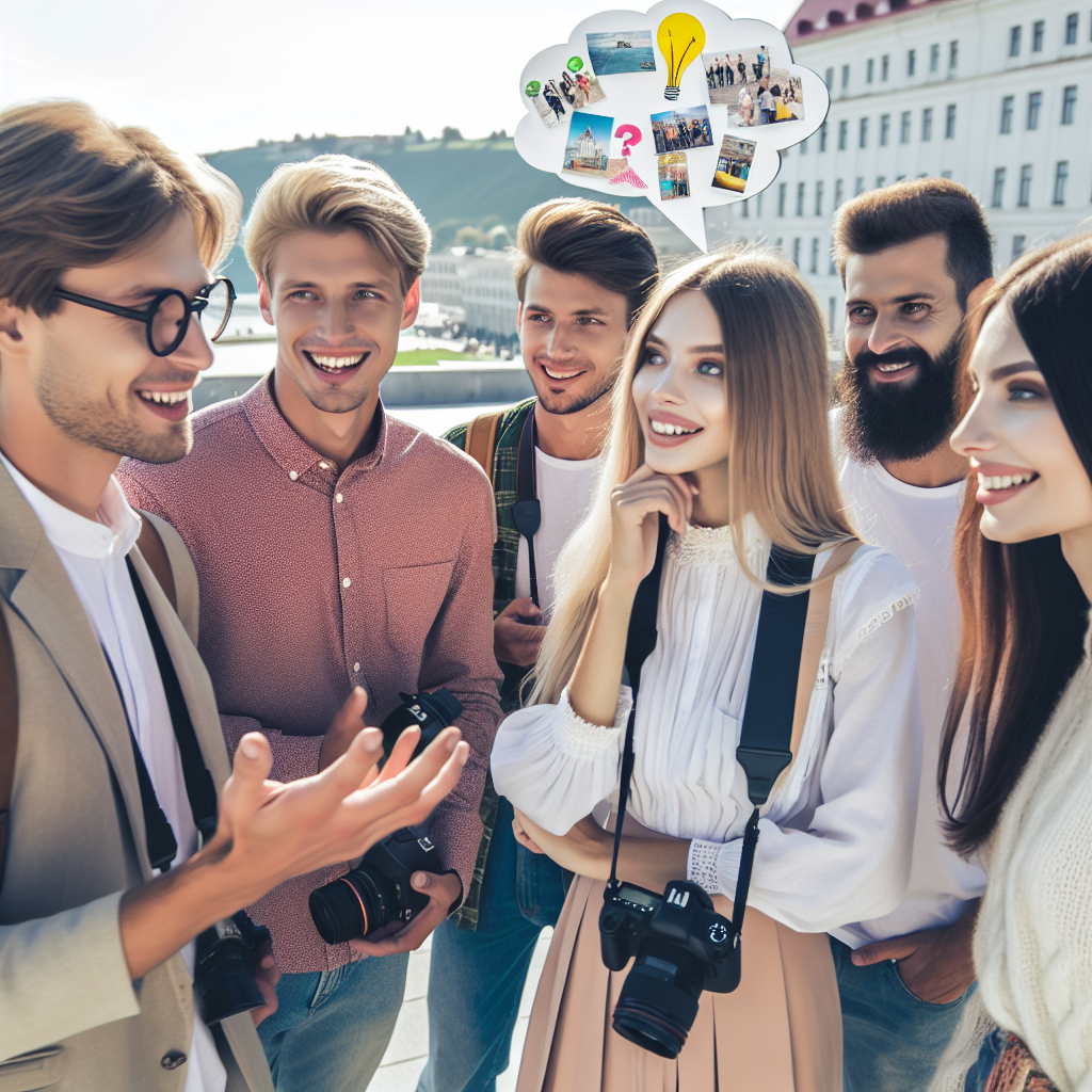 Imagine a unui grup de oameni discutand idei pentru o sedinta foto pe fundalul unui peisaj urban din Chisinau. Oamenii de tip european ar trebui sa para fericiti si implicati in conversatie.