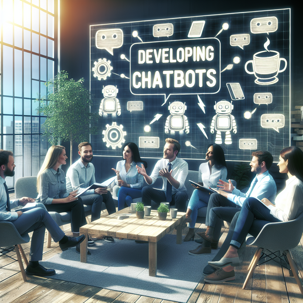 O imagine in care un grup de oameni discuta despre avantajele dezvoltarii chatbot-urilor intr-un mediu de birou placut, toti oamenii au trasaturi europene.
