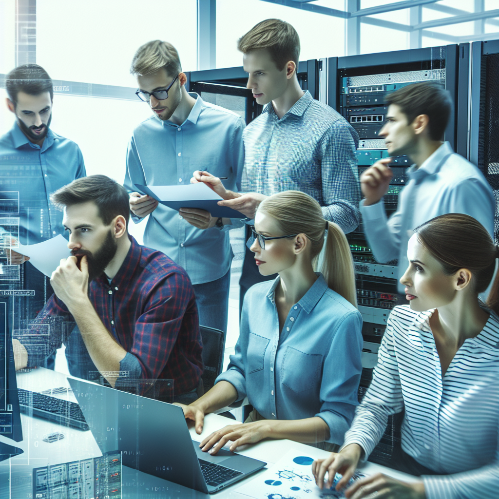 Изображение команды IT-специалистов, работающих в офисе, обсуждающих планы и проекты, с европейскими лицами, настраивающими серверы и программное обеспечение.