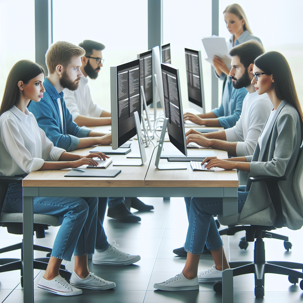 Изображение команды IT-специалистов, работающих над разработкой сайта в современном офисе. Все сотрудники с европейской внешностью усердно работают за компьютерами в ярком и современном интерьере.
