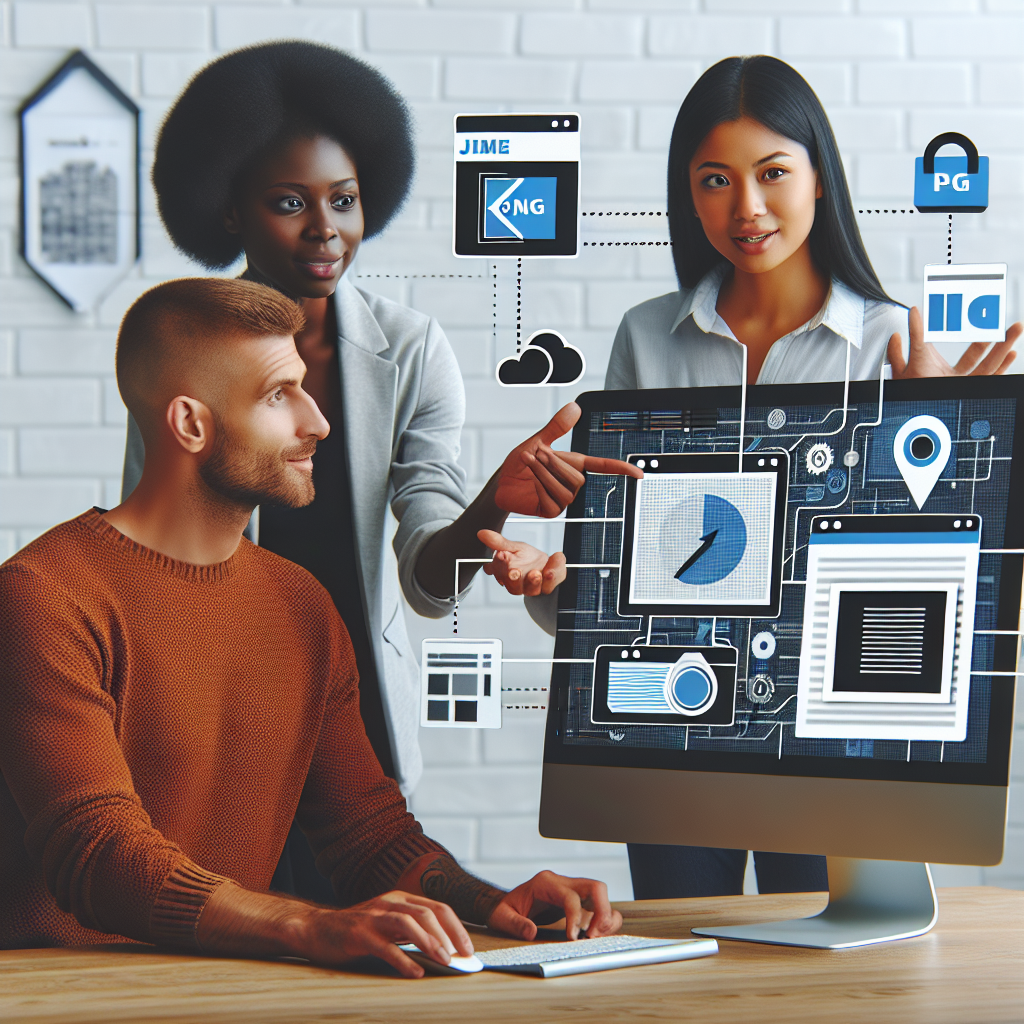 Imaginea ilustreaza procesul de optimizare a imaginilor pentru site, incluzand diverse formate de fisiere si o persoana lucrand la computer. Toate persoanele au aspect european.