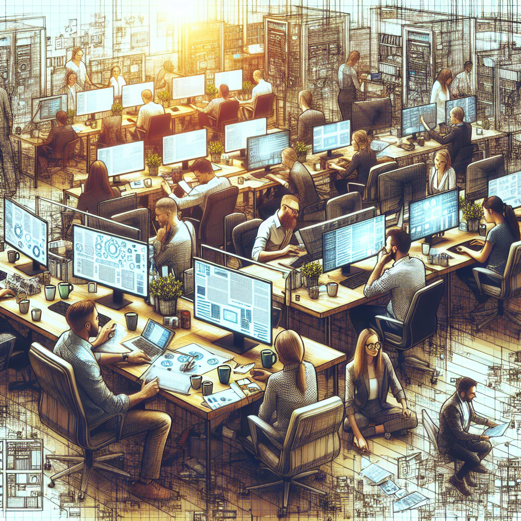 Изображение людей с европейской внешностью, работающих в офисе IT-компании. На столах много компьютеров, документы и чай, а также видимый рабочий процесс.