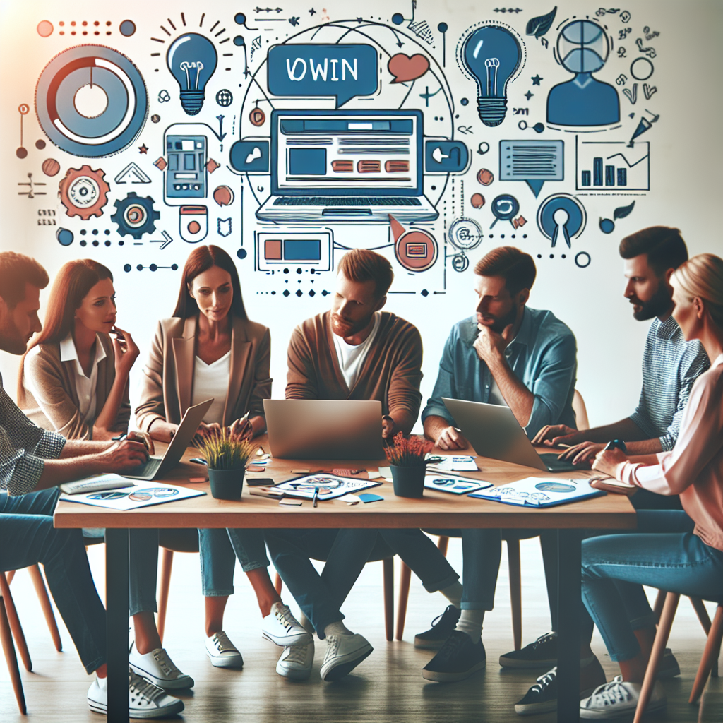 Grup de persoane europene discutand planul de creare a unui site, asezati la laptopuri intr-un birou confortabil, cu elemente grafice si notite pe masa.