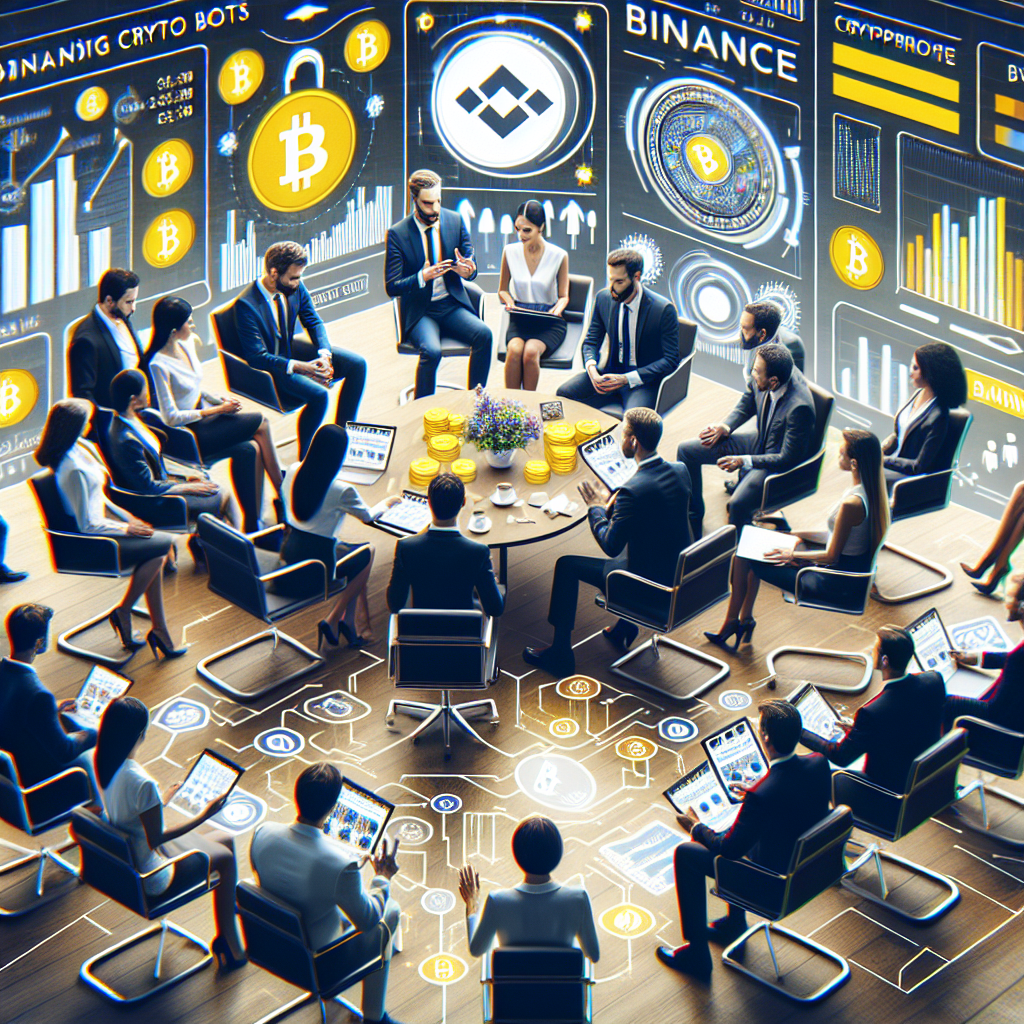 Imagine cu un grup de oameni de tip euro discutand despre robotii de tranzactionare criptografica de la Binance, in jurul lor afisandu-se diverse grafice si cifre, ilustrand succesele in tranzactionarea pe <a href=