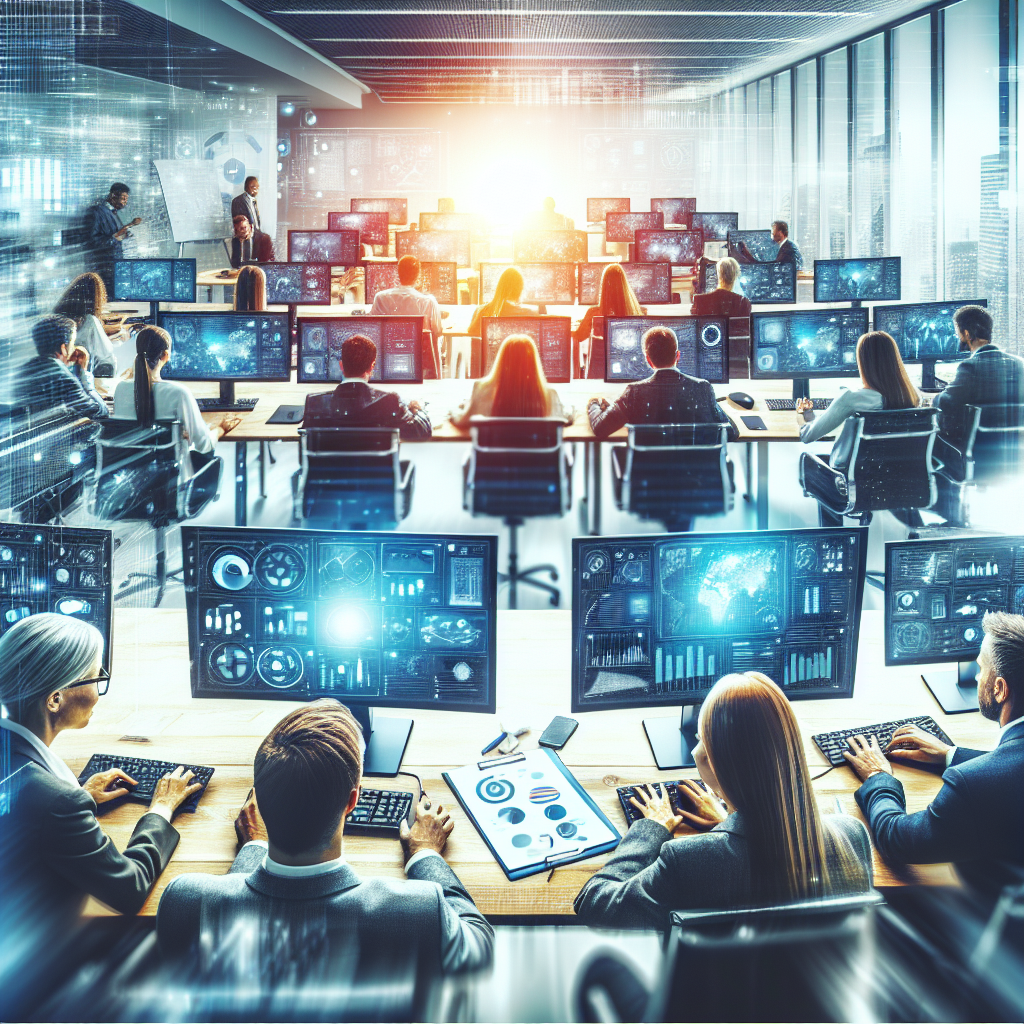 Группа людей, работающих за компьютерами в офисе IT-компании, европейской внешности, с техникой и графиками на столах, атмосфера сосредоточенности и сотрудничества.