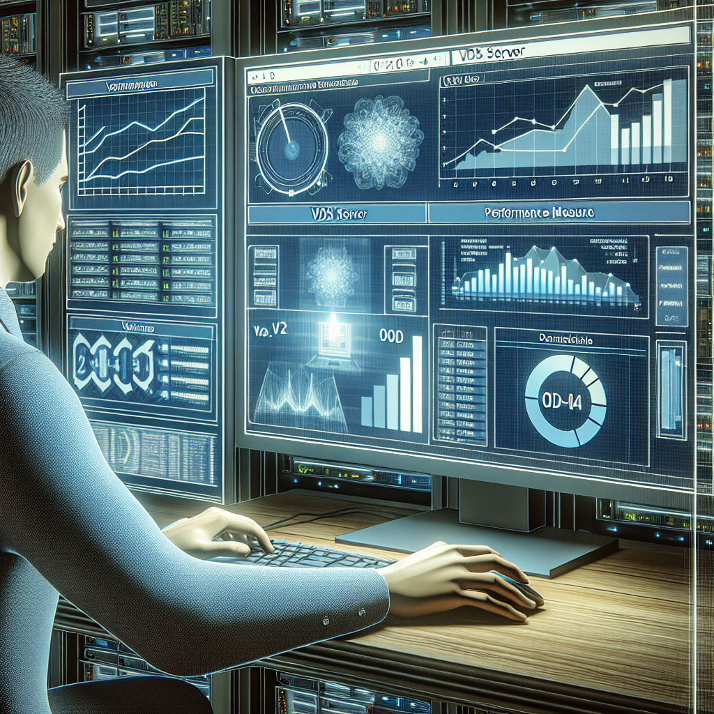 Imaginea care arata procesul de lucru cu interfata unui server VDS, cu grafice detaliate si unitati de masura a performantei vizibile pe ecranul computerului. Toate persoanele au aspect european.