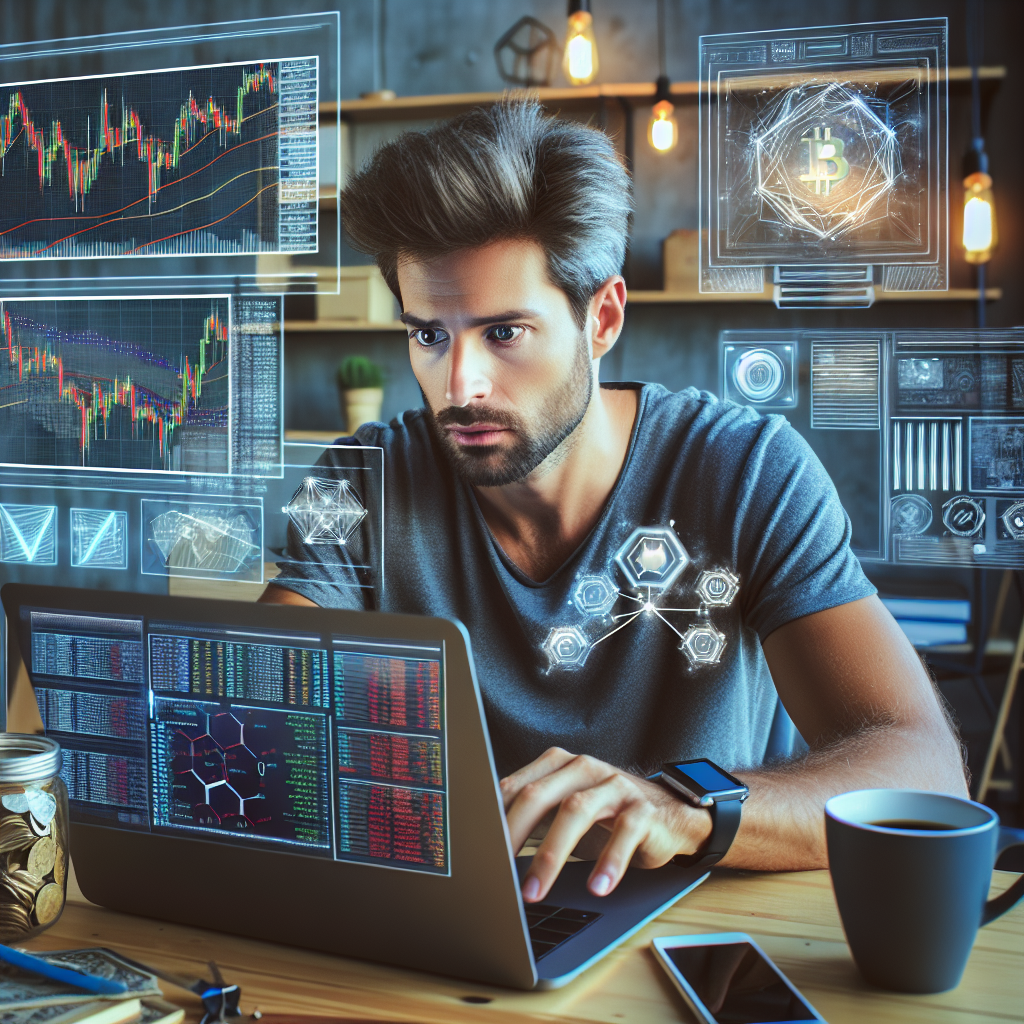 Om care studiaza cu interes graficele criptomonedelor pe laptopul sau, cu elemente care indica un <a href=