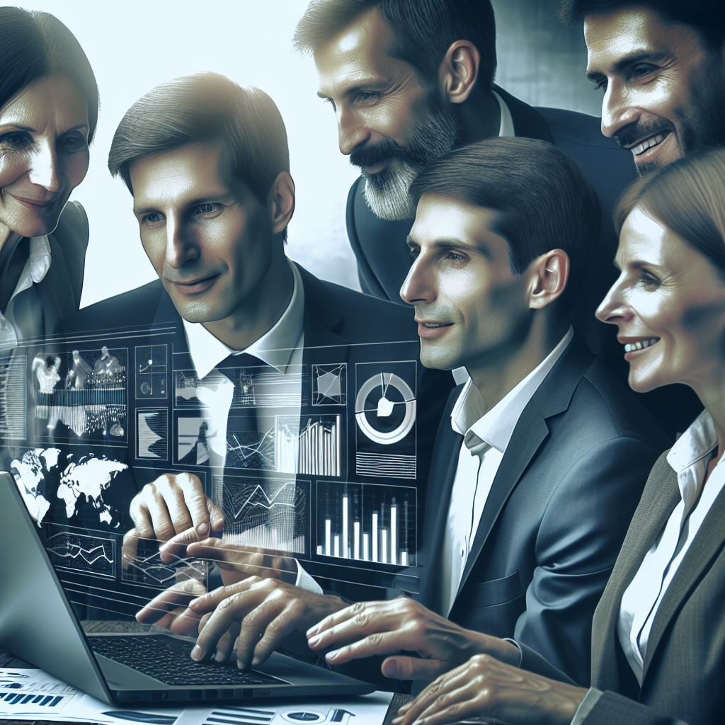 Grupa de oameni de tip european discuta continutul unui text si planifica un proiect la un laptop.