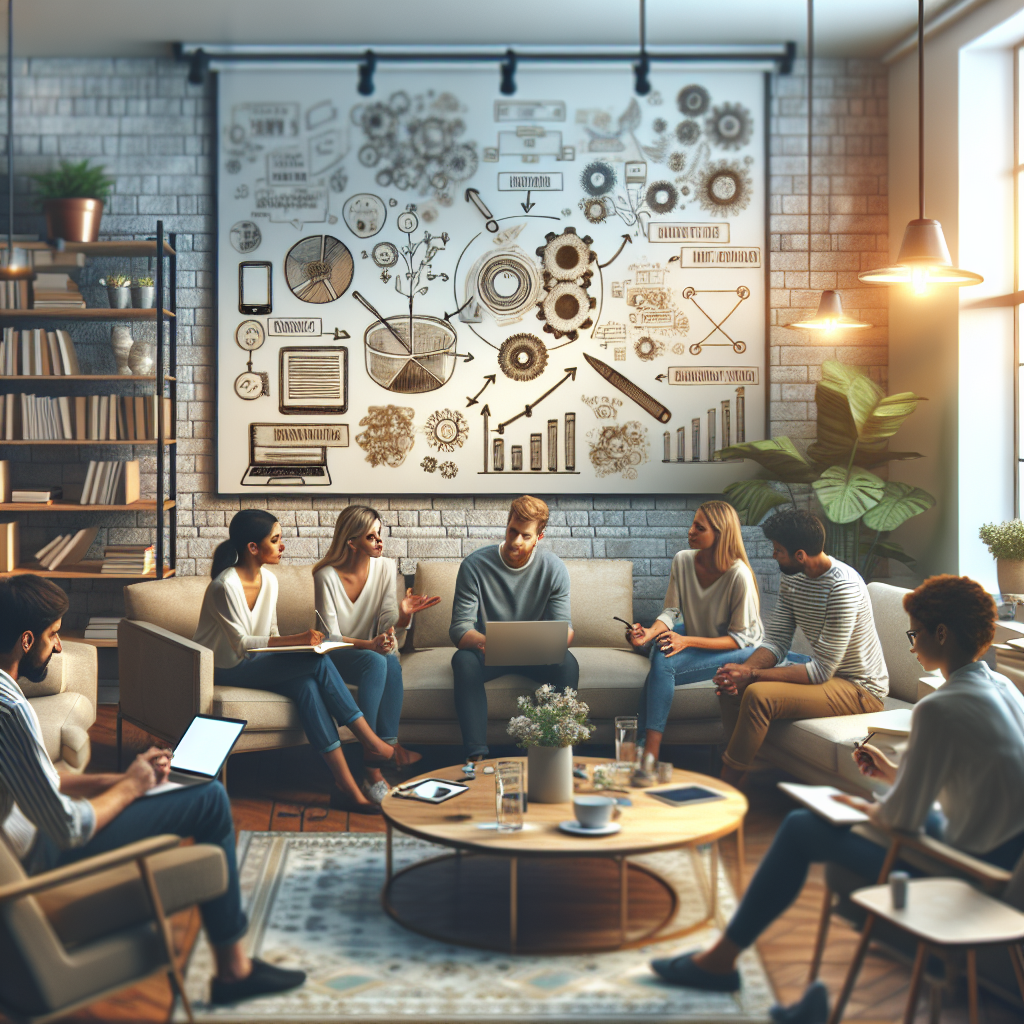 Grupa de oameni de tip european discuta despre crearea unui text de marketing si impartasesc idei intr-un birou confortabil.