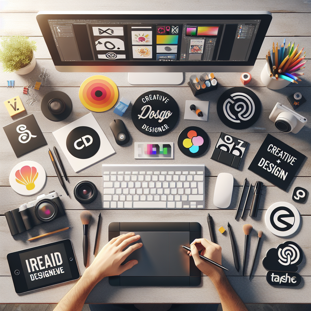 Imagine cu logo-uri creative pe un birou, inconjurate de instrumente profesionale de design, cum ar fi un computer si tablete grafice. Toate obiectele ar trebui sa aiba un aspect natural, similar cu viata reala, cu persoane europene care lucreaza la birou.