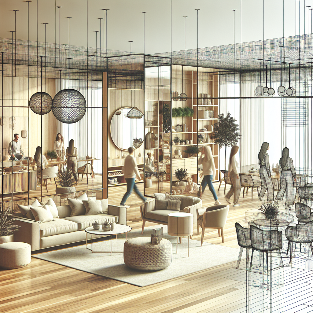 Imagine cu un interior modern si confortabil al unui apartament, cu un design frumos, in care se observa cum spatiul este amenajat folosind nuante deschise si oglinzi. Persoanele din imagine au un aspect de tip european.