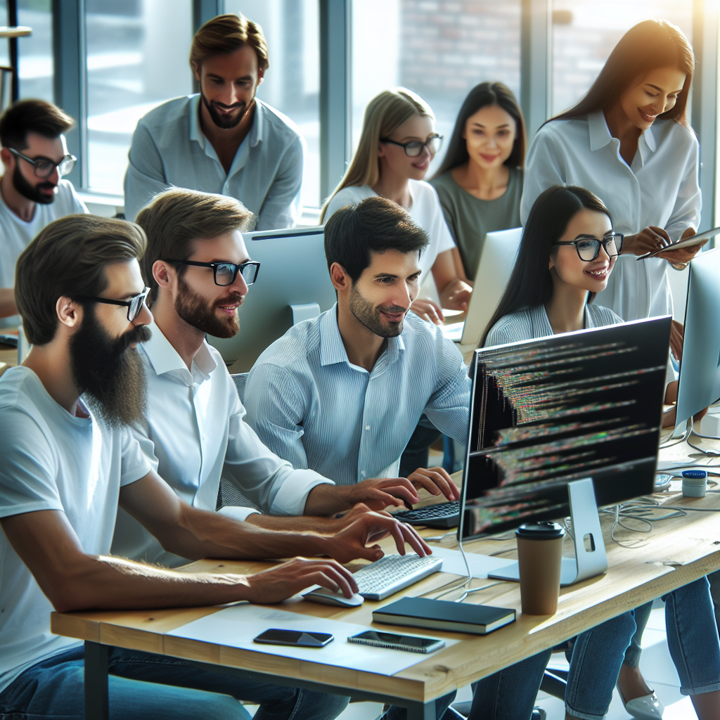 Современный офис IT-компании, где специалисты работают над созданием и написанием сайтов. Европейцы в дружелюбной и продуктивной атмосфере.