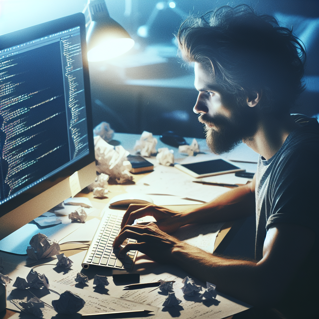 Imagine care arata un dezvoltator lucrand la un proiect pe computer, inconjurat de note si unelte, avand aspecteu europoid.