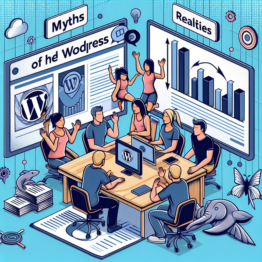 Imagine cu oameni discutând despre mituri și realitatea utilizării WordPress în fața computerelor și a graficelor analitice, toate având un aspect european.