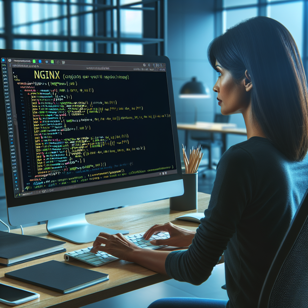 Изображение IT-специалиста, настраивающего веб-сервер nginx на компьютере с открытым терминалом и кодом, на фоне современного офиса, все участники европейского типа.