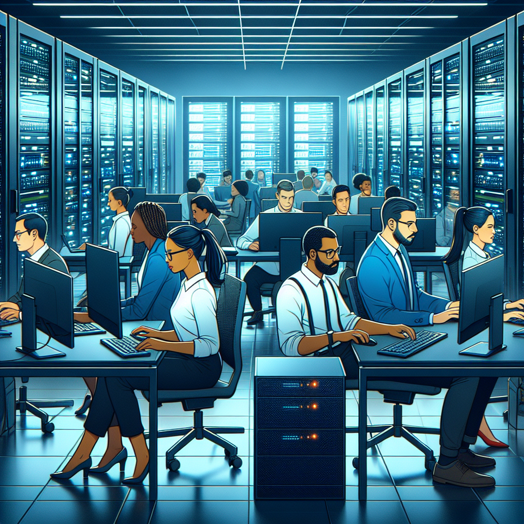 Изображение офиса IT-компании с европейскими специалистами за компьютерами, работающими над проектами на фоне серверов.