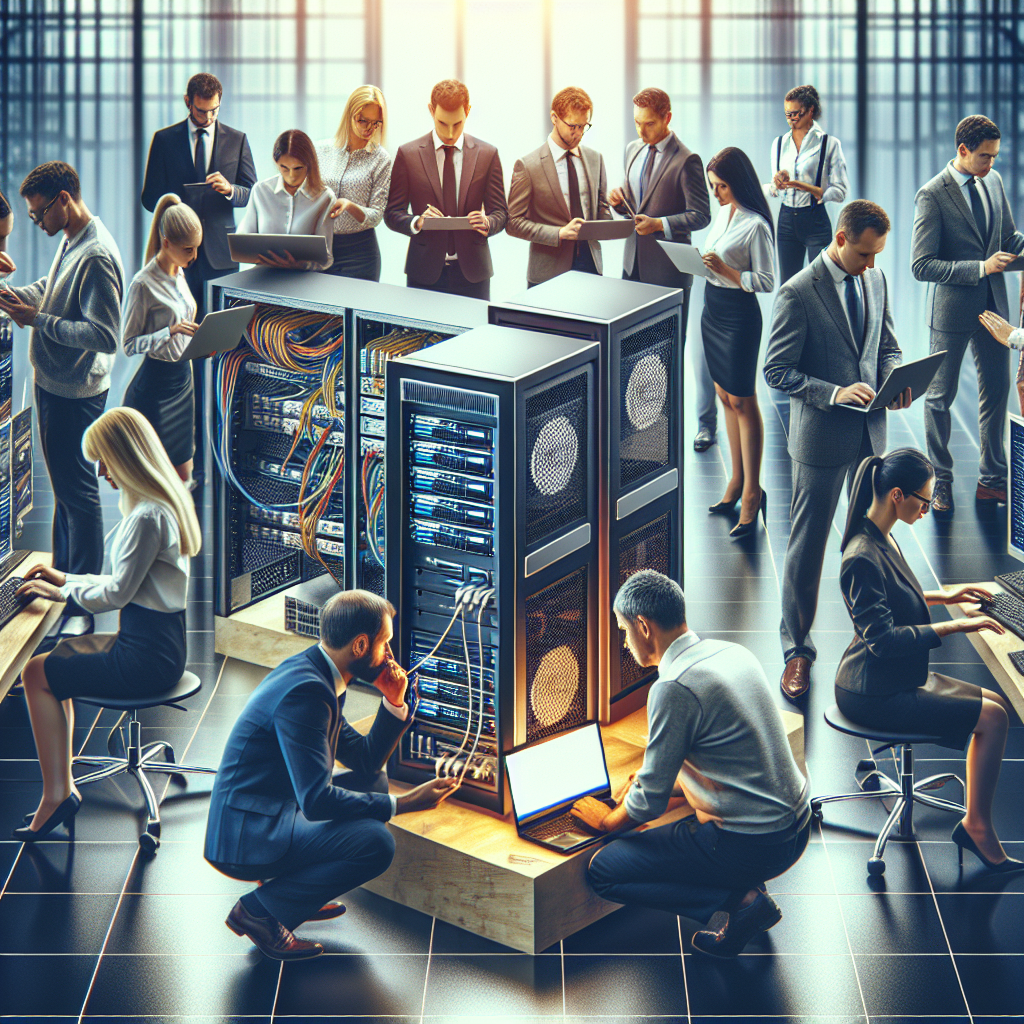 Grupa de profesionisti care lucreaza la configurarea unui <a href=