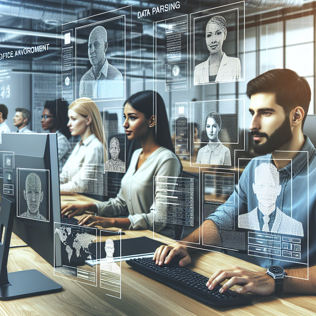 Imagine cu parcurgerea datelor in stil high-tech, aratand persoane care lucreaza la computere intr-un birou. Toate persoanele trebuie sa aiba un aspect european. Imaginea trebuie sa arate ca o fotografie.