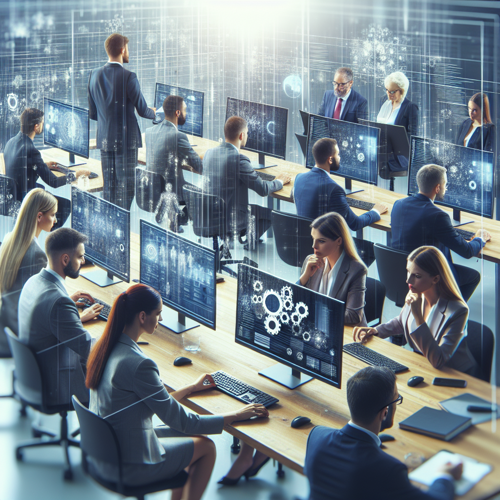 Profesional IT care lucreaza in birou, cu trasaturi europene, inconjurati de computere si software.