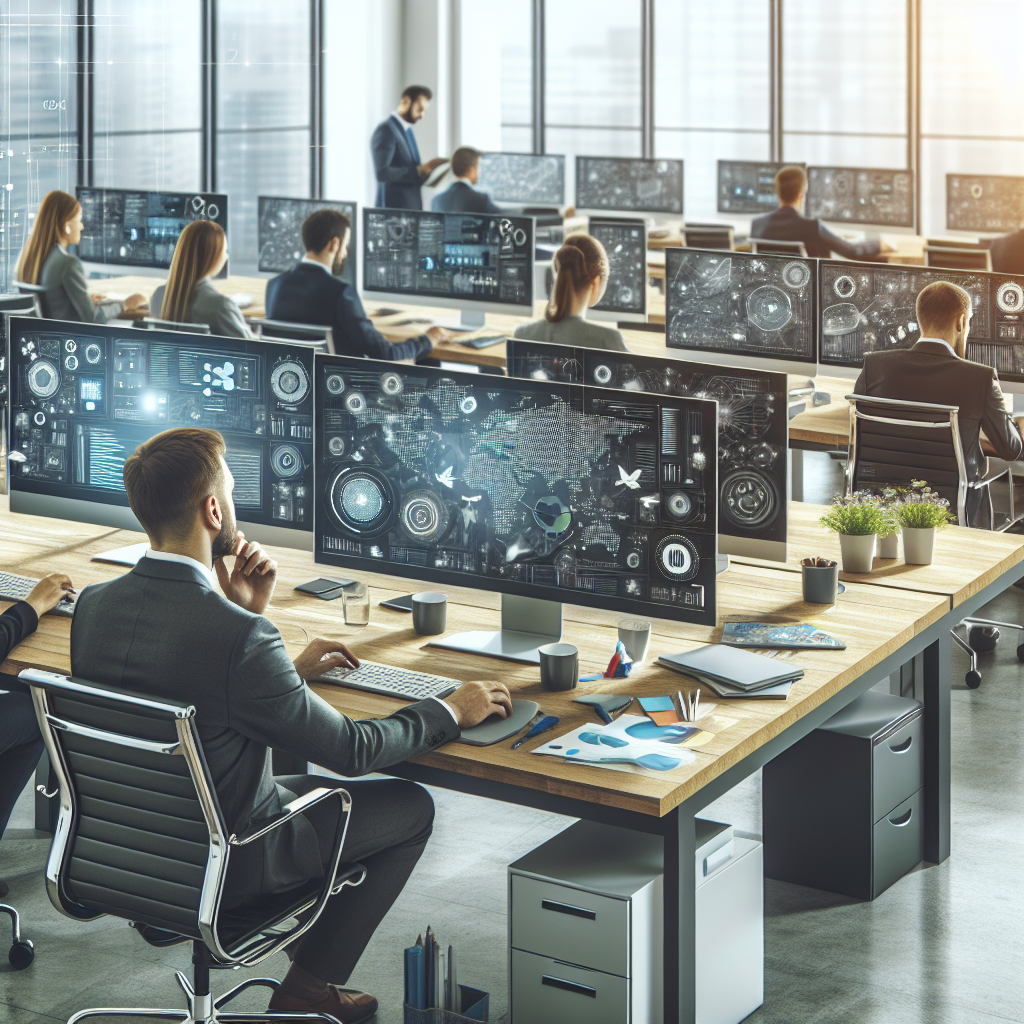 Изображение современного офиса IT-компании, в котором работают европейские профессионалы, сосредоточенные на своих мониторах. На столах видны различные устройства и элементы дизайна, включая графики и диаграммы, которые способствуют рабочему процессу.