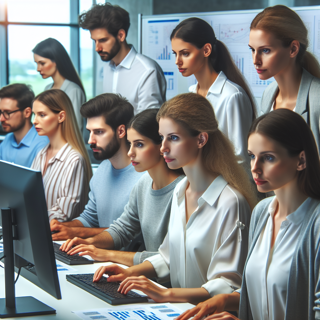 Изображение команды профессиональных IT-специалистов, работающих над проектом парсинга данных, все с европейской внешностью, в современном офисе с компьютерами, а также графиками и диаграммами на стене.