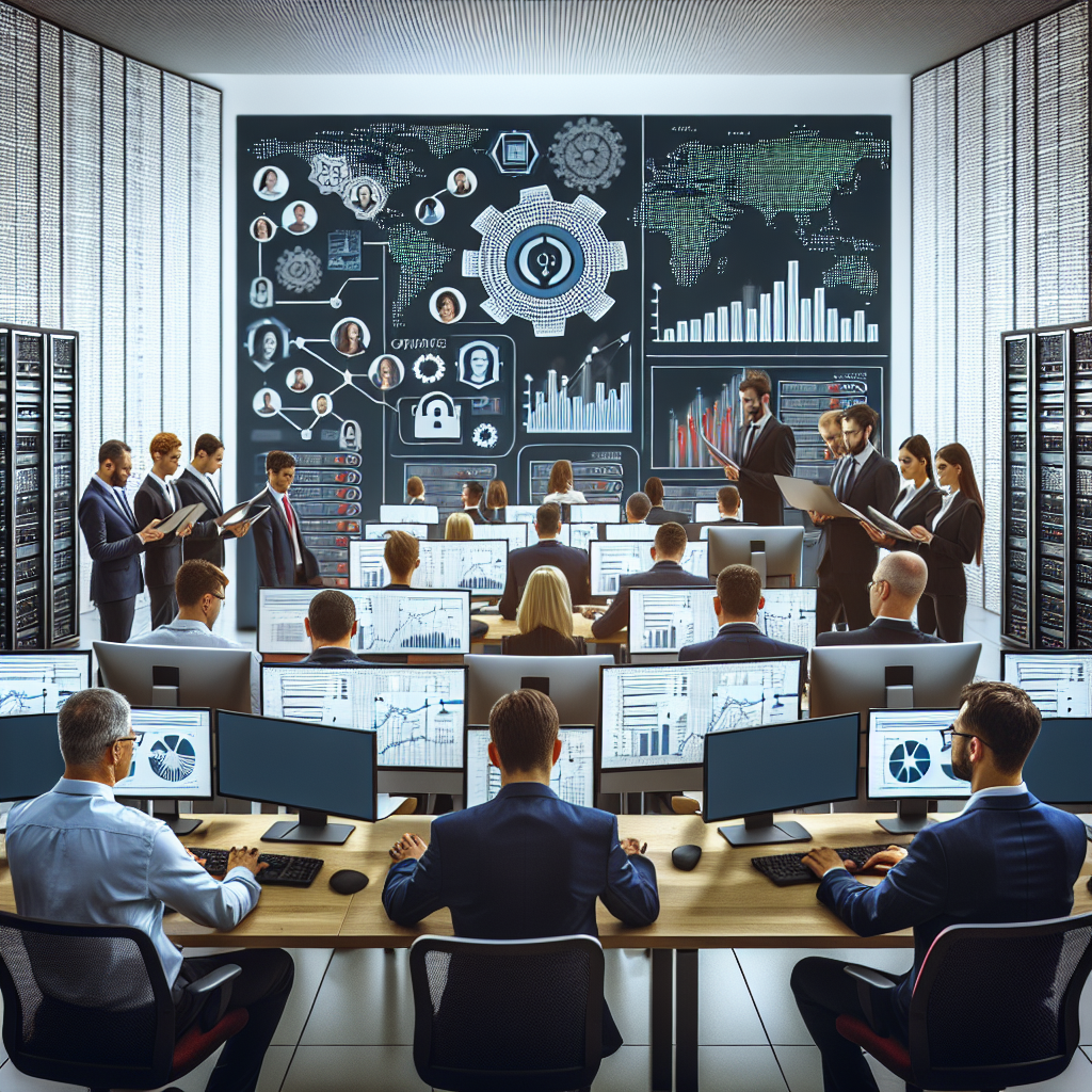 Офис IT-компании с профессиональными специалистами европейского типа, работающими за компьютерами. На фоне серверное оборудование и экраны, показывающие графики производительности и развития бизнеса.