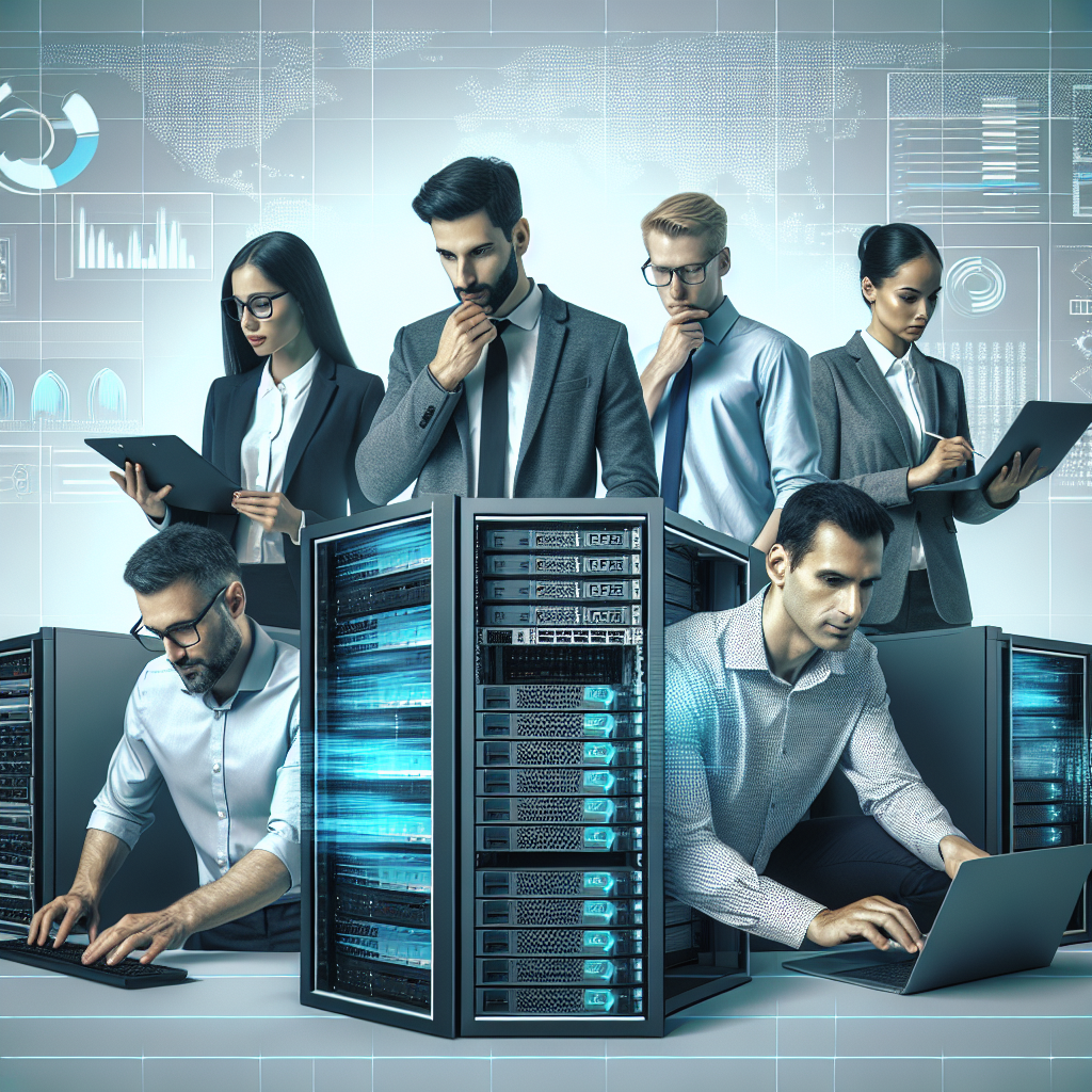 Профессиональная IT-команда европейского типа, работающая над поднятием сервера в современном офисе. На фоне серверное оборудование и экраны с графиками производительности.
