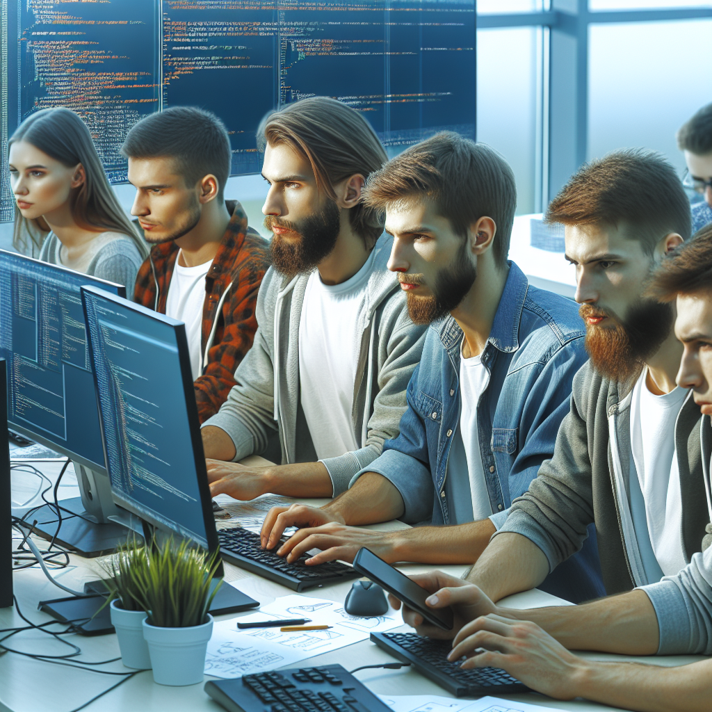 Процесс работы команды разработчиков над мобильной игрой, где все участники европейского типа сосредоточены за своими компьютерами в офисе.