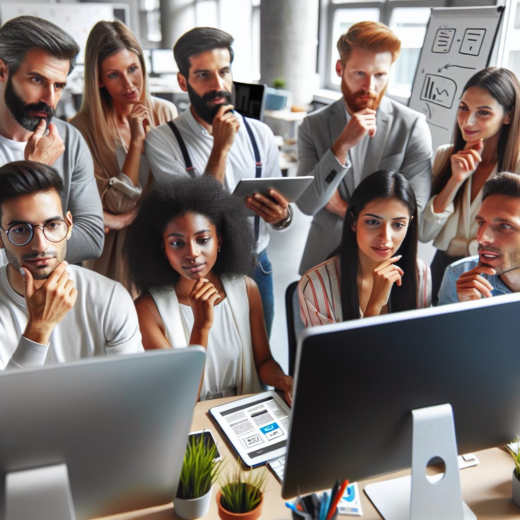 Imagini cu un grup de profesionisti discutand strategia de promovare a unui site, folosind <a href=