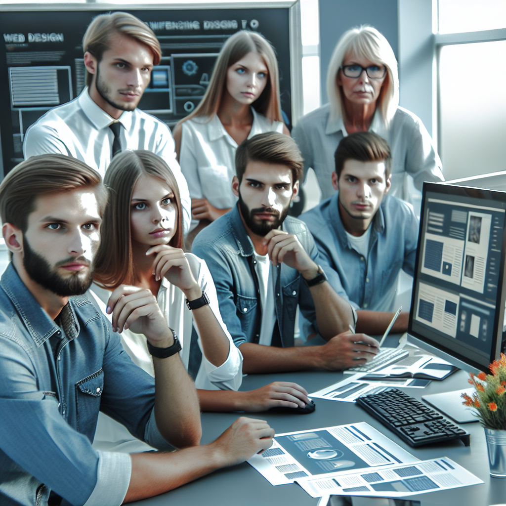 Фотография команды IT-специалистов, работающих в современном офисе над процессом создания сайта. Члены команды европейской внешности сосредоточены на обсуждении веб-дизайна, фон заполнен экранами компьютеров, графическими изображениями и заметками на столах.