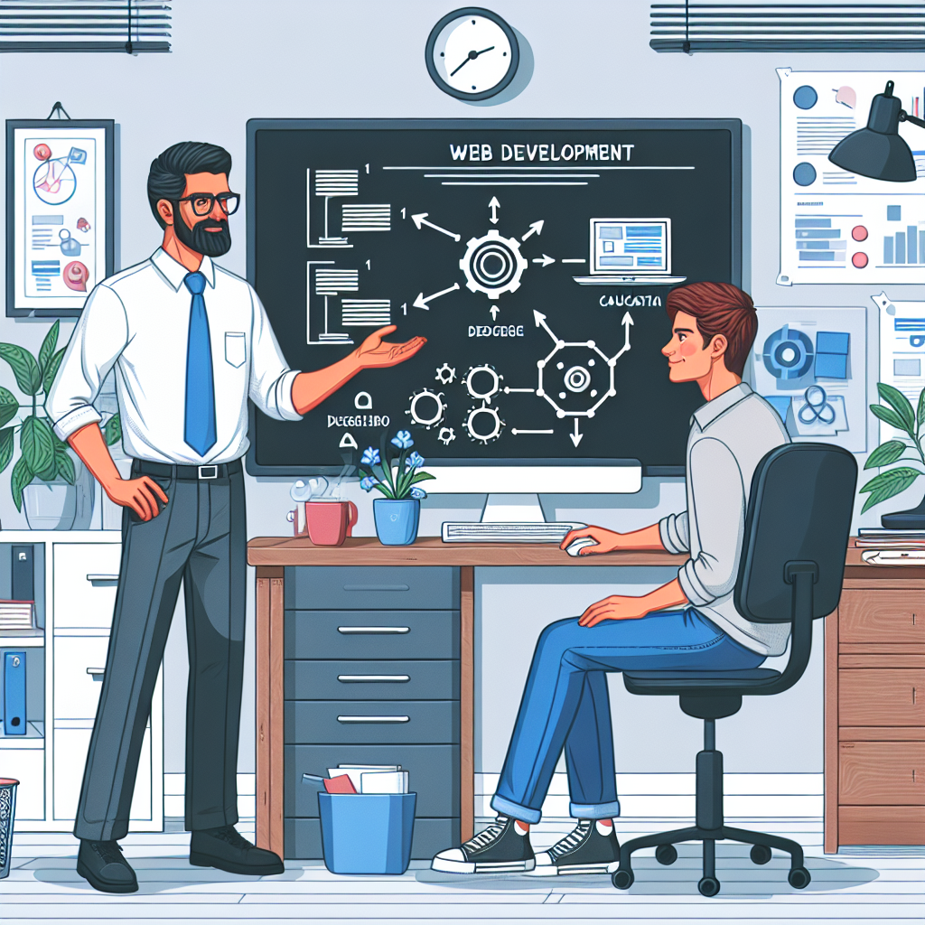 Изображение, на котором один из специалистов IT-компании объясняет клиенту процесс создания сайта с помощью графиков и схем. В офисе вокруг находятся различные атрибуты, создающие продуктивную атмосферу, все люди европеоидной внешности.