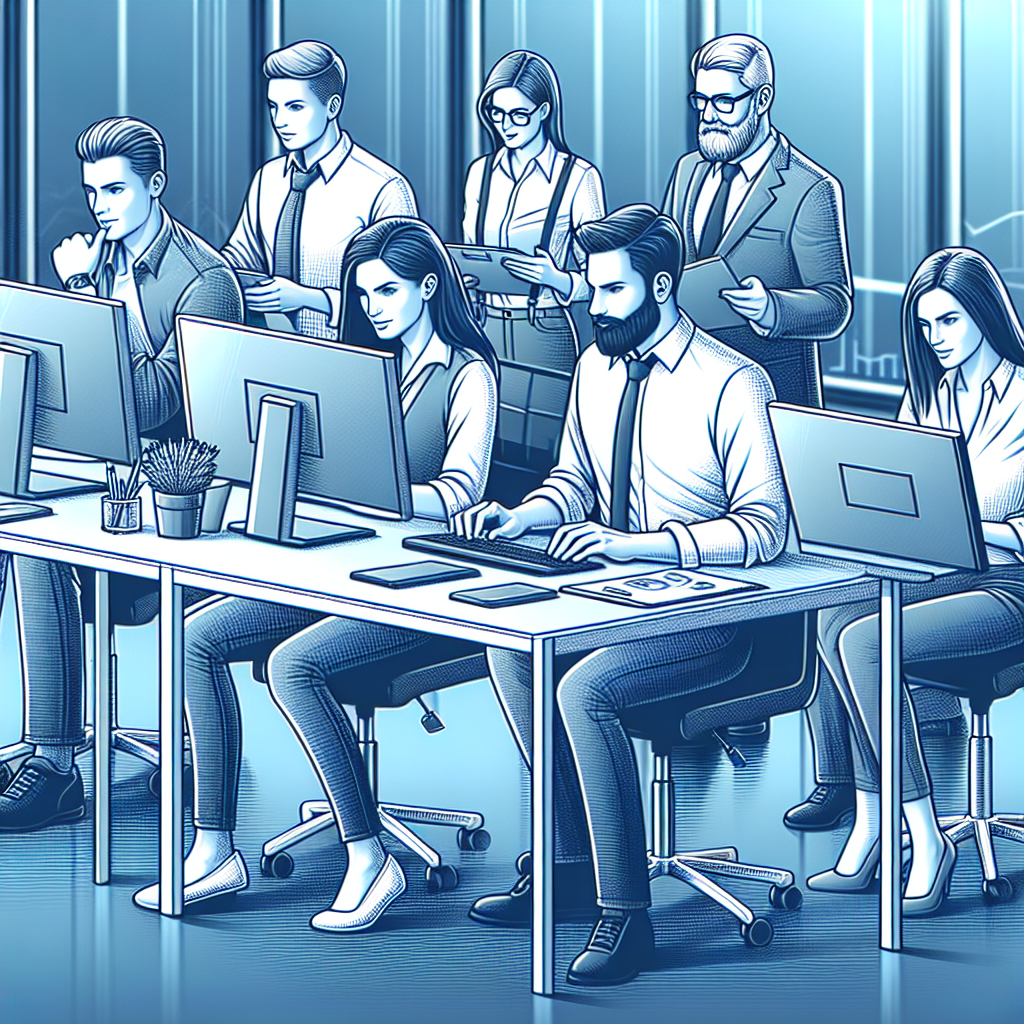 Изображение команды IT-специалистов, работающих над продвижением сайтов, с европейской внешностью в современном офисе.