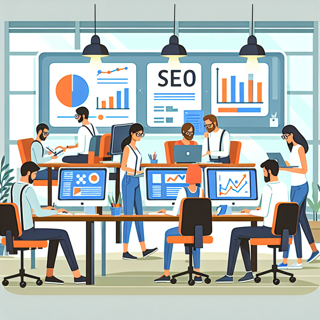 Imaginea unei ilustratii a strategiei SEO: un birou confortabil, o echipa de oameni care lucreaza la computere, cu aspect europoid, pe pereti grafice si rezultate.